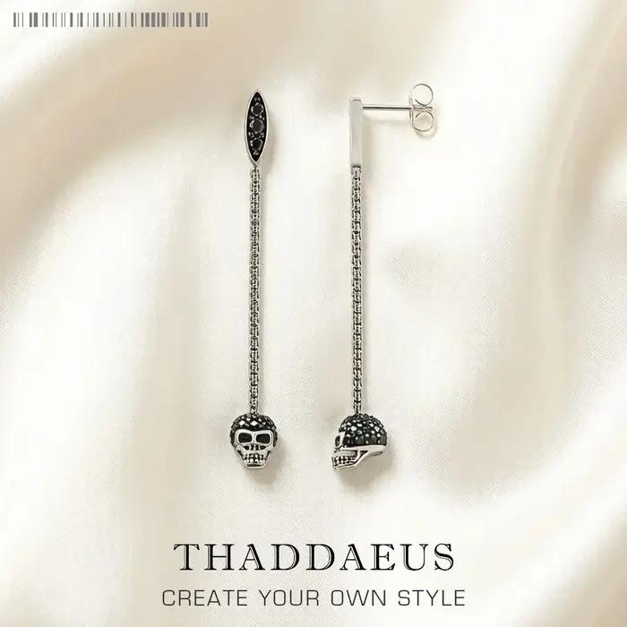 Boucle d'oreille longue tête de mort en pierre noire pour femme, argent regardé 925, bijoux fins, ca