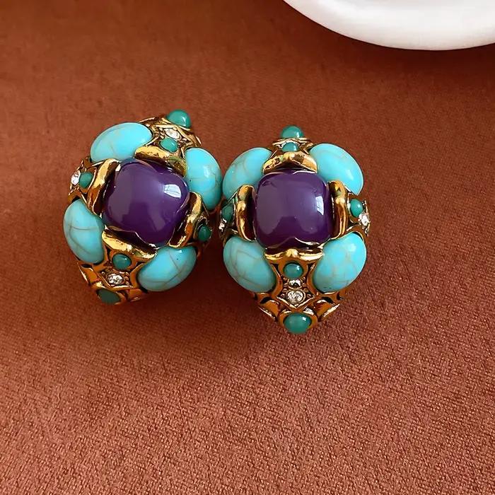 Boucles d'oreilles clous vintage en résine et cristal, bijoux d'oreille rétro de luxe au tempérament