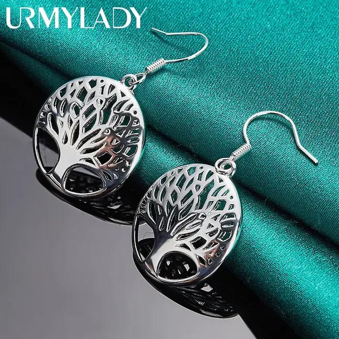 URMYLADY 925 en argent Sterling rond arbre de vie boucles d'oreilles crochet d'oreille Eardrop pour les femmes mode mariage fiançailles charme bijoux
