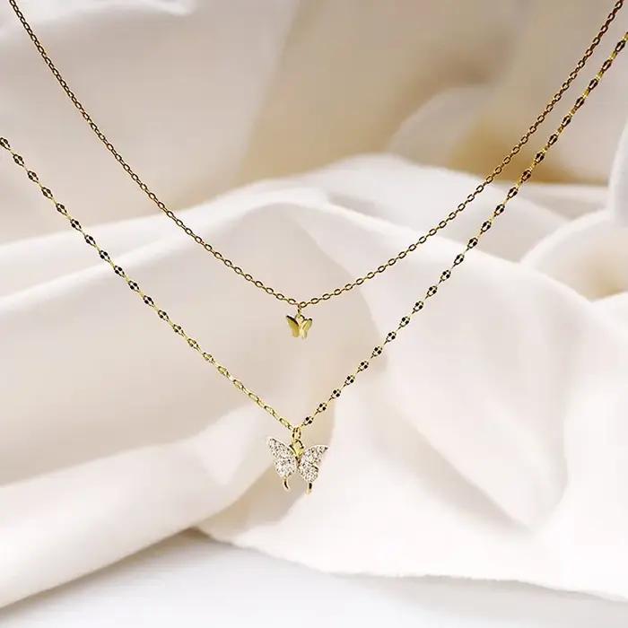 Collier papillon double couche en argent regardé S925 pour femme, accessoires de clavicule, frais, petit, brillant, INS
