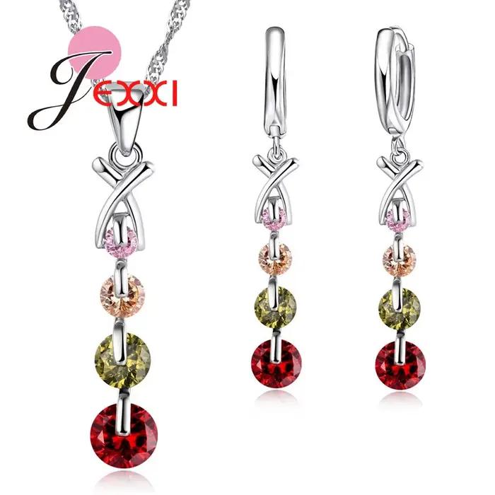 Ensemble de bijoux de mariée en argent Sterling 925, Simple, cristal clair, Long pendentif en forme