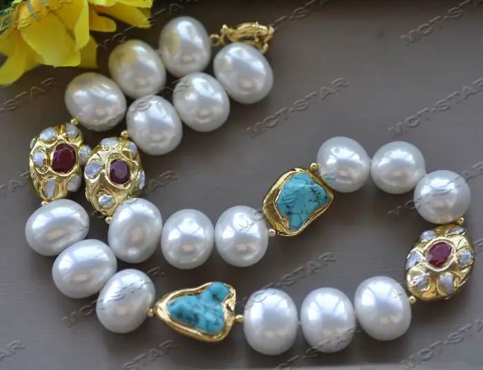MTC · STAR Z12400 20 ''26mm Agate rouge bleu Turquoise plaqué or collier de perles de coquillage blanc