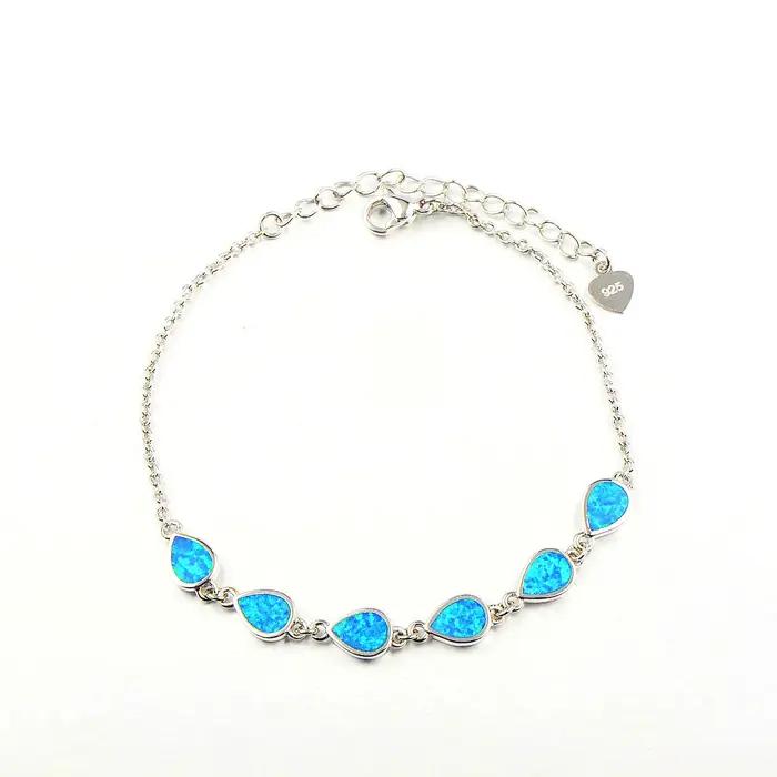 Cadeau de luxe pour elle, bracelet réglable plaqué argent avec 6 opales de larme bleues, cadeau de b