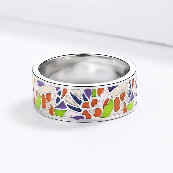 Bague de cocktail en émail coloré avec motif floral, bague de fiançailles pour femmes, bijou d'engagement, cadeau d'anniversaire, haute qualité
