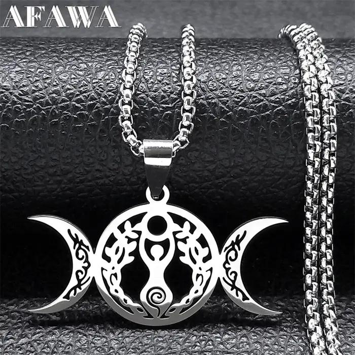 Sorcière Triple lune déesse Luna collier pour femmes hommes acier inoxydable couleur argent amulette Hecate chaîne
