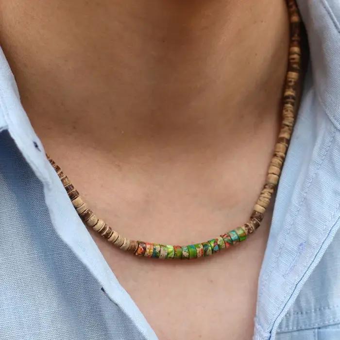 Collier ras du cou en bois naturel pour homme, vintage, pierre impériale, accessoires masculins, cad