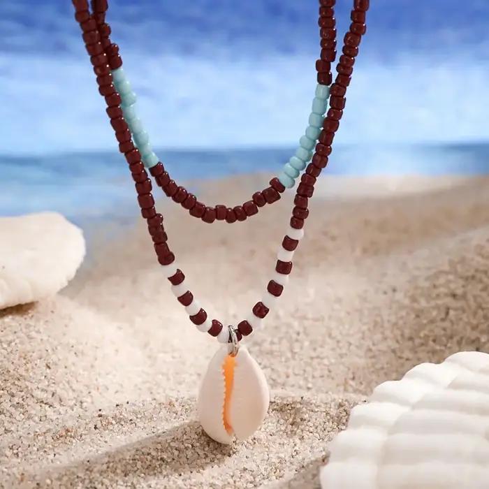 Collier Bicouche en Coquillage de Conque Vintage