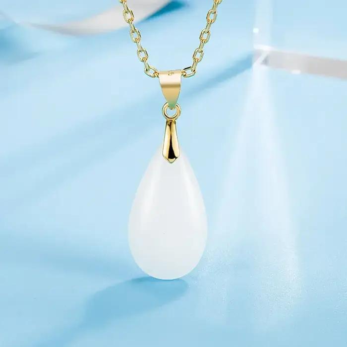 Ensemble de bijoux en argent Sterling 925 avec pendentif goutte de jade blanc pour femmes occasions spéciales fiançailles mariage anniversaire party