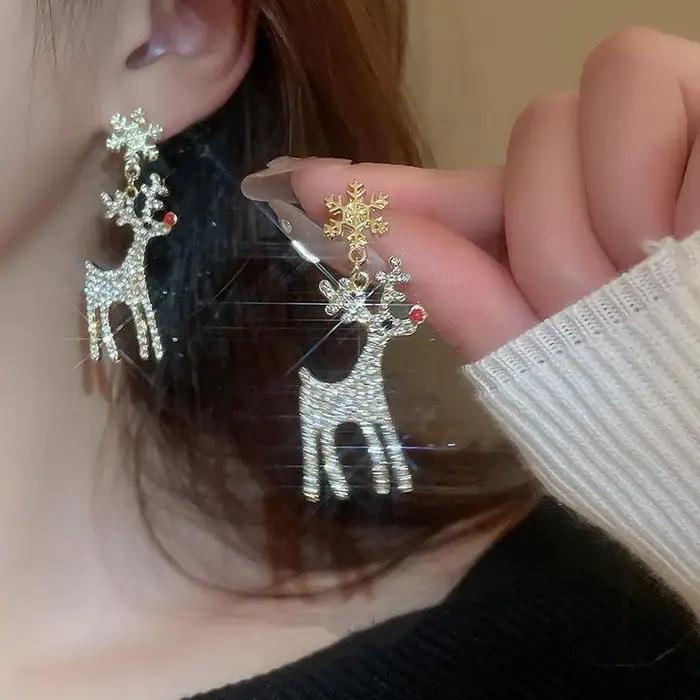 Dessin animé de noël plein strass renne flocon de neige boucles d'oreilles pendantes Animal cerf wapiti