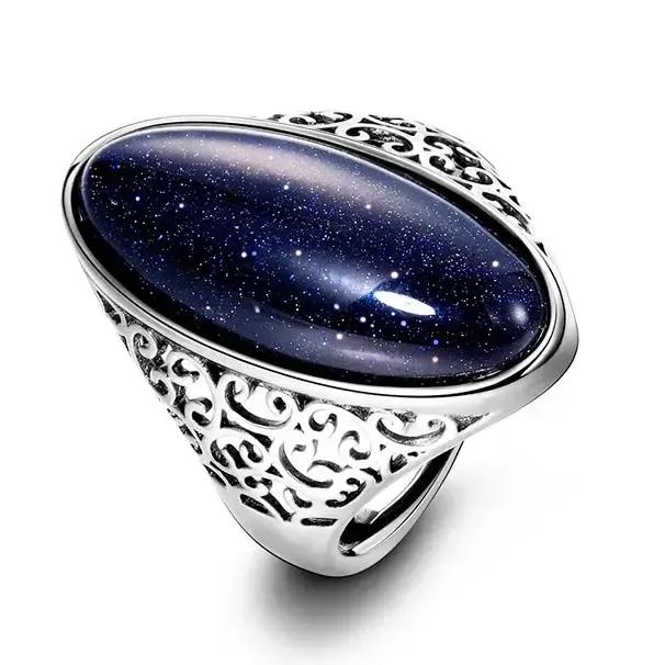 Bague Creuse en Argent Sterling 925 Sertie d'Obsidienne Noir Élégante Vintage à Offrir pour Femme Occasions Spéciales