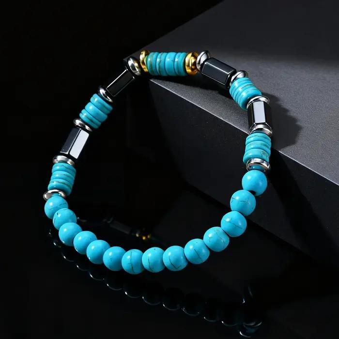 Bracelet rétro en perles de pierre bleue naturelle pour hommes