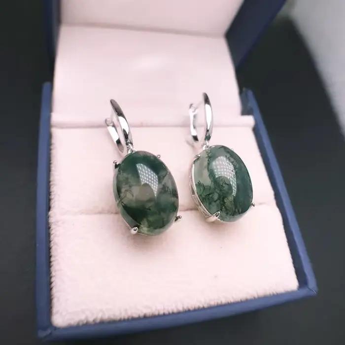 Boucles d'Oreilles en Agate Mousse Naturelle pour Femme, Argent Massif 925, Pierre Précieuse Indienne, 13x18mm, Dimensions de Mariage, Cadeau de ix
