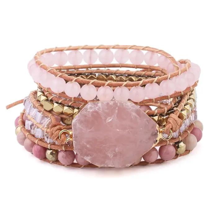 Bracelet en Pierre Naturelle Quartz Rose pour Femme, Bracelets Ronds en Cuir, Gemmes Roses, Perles d