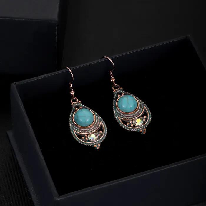 Antique nouvelle pierre bleue Turquoise boucle d'oreille pour les femmes Boho mode Bronze géométrique goutte d'eau fleur boucles d'oreilles Jhumka