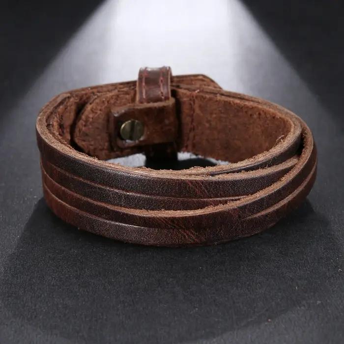 2025 tendance bijoux Vintage tissé à la main multicouche en cuir Bracelet manchette large