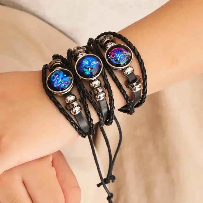 Bracelet Lumineux Signes du Zodiaque 12 Constellations Homme Femme Vintage Multicouche en Cuir Enroulé Cadeau Pulsera Hombre