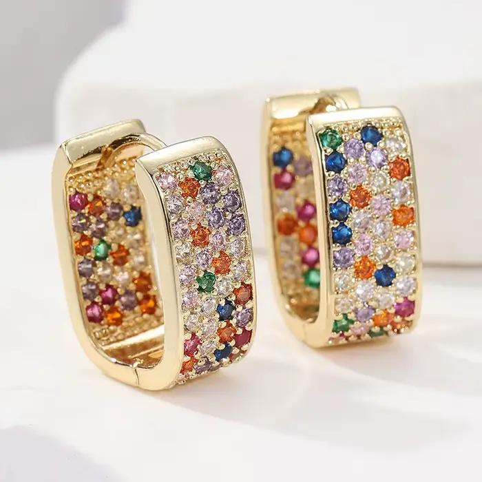 Boucles d'oreilles carrées de luxe pour femmes, couleur or, mode exquise incrustée de Zircon multico
