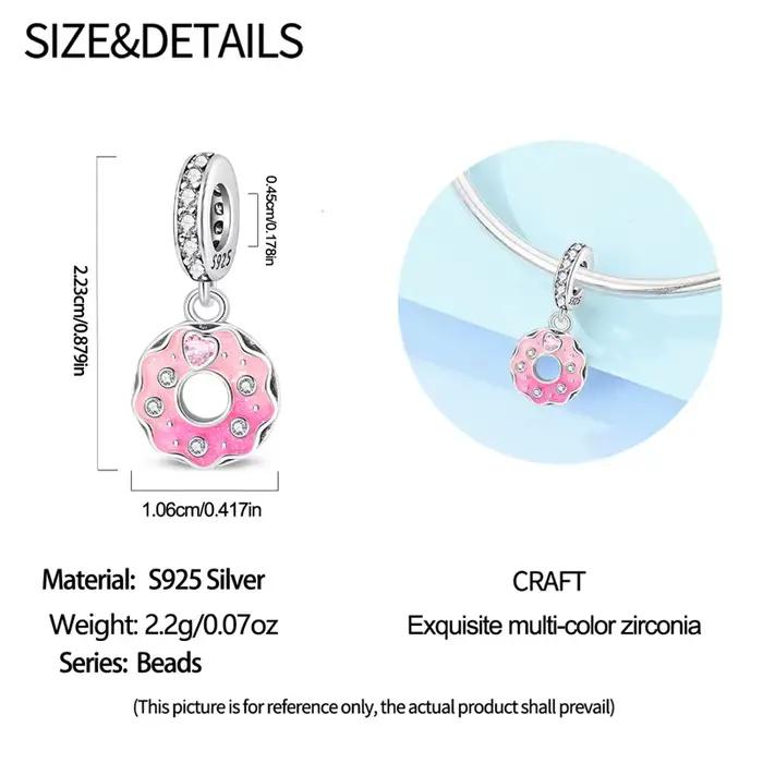 Breloques en argent sterling 925 en forme de donut rose avec zircon, perles pendantes compatibles avec bracelet original de 3 mm, bijoux DIY pour femme, cadeau d'anniversaire ou de fête