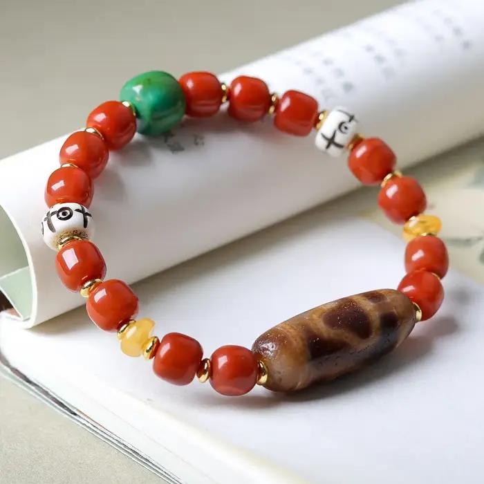 Bracelet en perles d'agate rouge style tibétain pour femmes avec perles Bodhi Dzi pour occasions spéciales elegance et sophistication