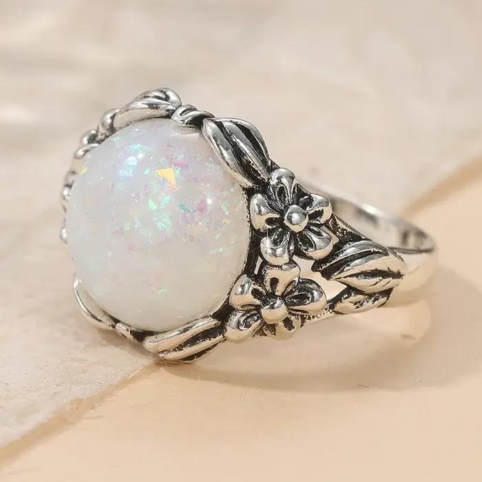 Bague vintage pour femme en argent avec opale imitation incrustée