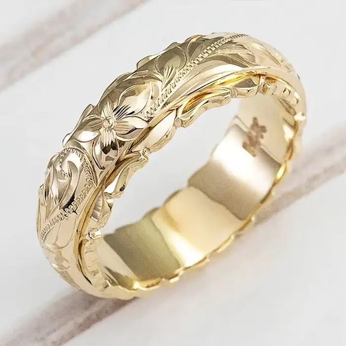 Bague suspendue en or 14 carats avec fleur de Rose sculptée pour femmes et hommes
