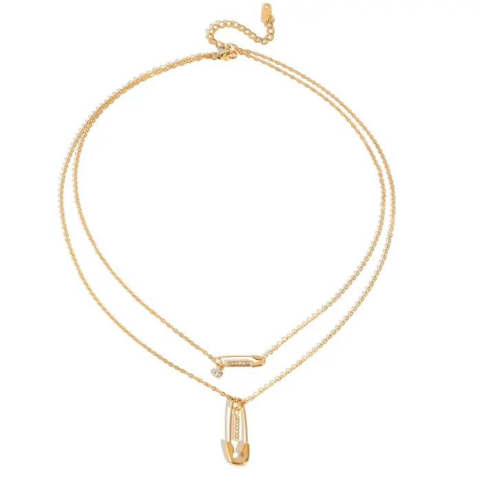 Collier pendentif épingle de sûreté plaqué or 18 carats avec zircon et double chaîne en acier inoxydable