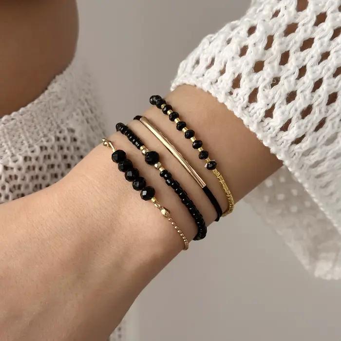 Bracelet de perles de cristal noir fait à la main pour femmes, perles de riz minimalistes, corde éla