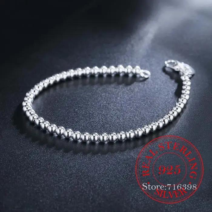 100% réel 925 Bracelet en argent Sterling pour femmes hommes Homme 4MM perles boule chaîne Bracelets