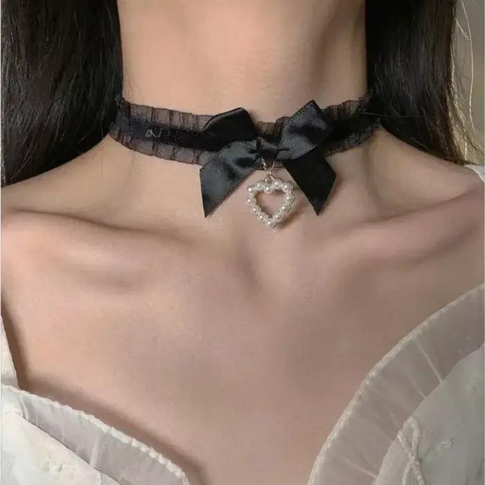 Collier en dentelle noire et blanche, Vintage, avec nœud en ruban, pendentif gothique en forme de cœur, pour femmes et filles, bijoux Lolita doux, nouveau ras du cou, 2024