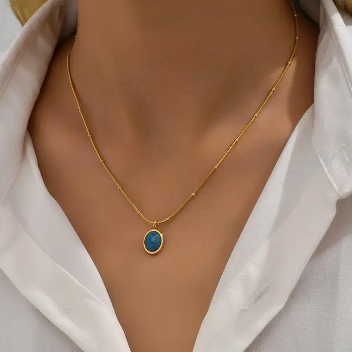 Collier aigue-marine ovale bleu en acier inoxydable plaqué or 18 carats pour femmes occasion spéciale anniversaire cadeau d'occasion mariage