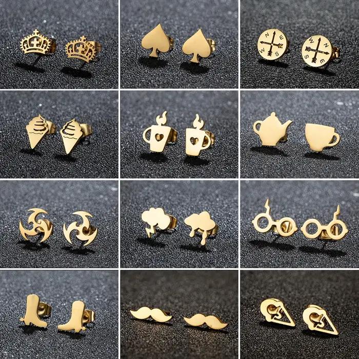 Boucles d'oreilles piercing Tragus en acier inoxydable avec motifs couronne, boussole, étoile, glace à glace, nuage, lunettes, botte et moustache pour filles et femmes occasions spéciales