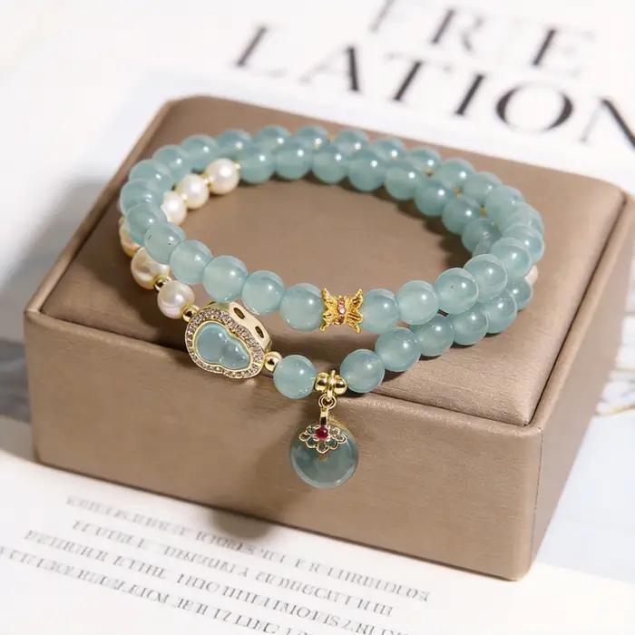 Bracelet double couche en perles de jade bleu clair