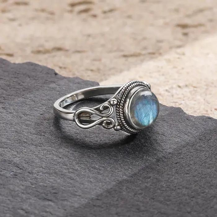 Bague en argent sterling 925 avec labradorite naturelle ronde pour femmes et hommes occasions spéciales vintage élégance prestige