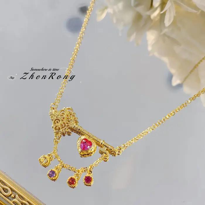 Bijoux Vintage de Style Médiéval pour Femme, Design de Clé, Pendentif de Document en Or, Colliers de la raq, Incrustés Colorés sur Clavicule en Clip, JOFor