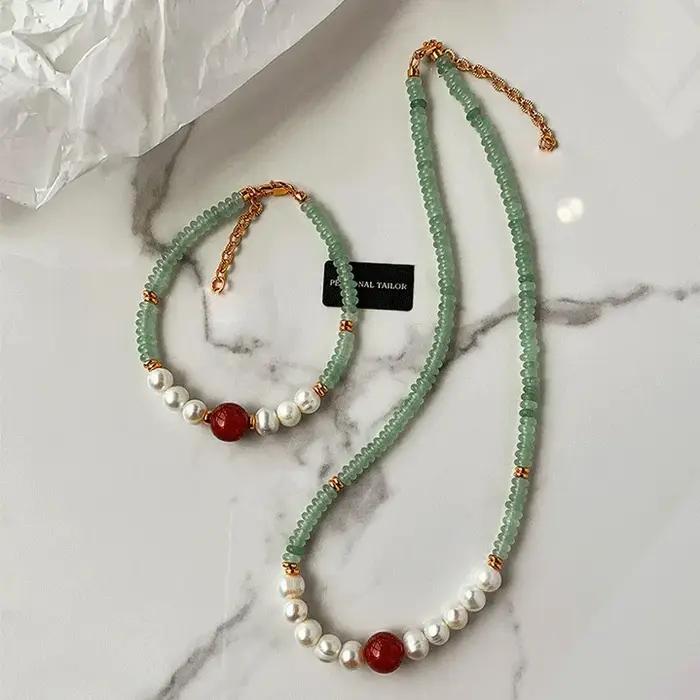 Nouveau Style élégant naturel Jade & perle d'eau douce & pierre d'agate 14K or rempli femme ensemble de bijoux pour femmes collier Bracelet