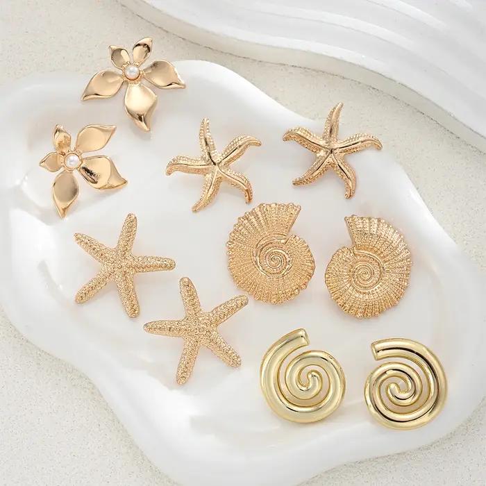 Ensemble de 5 paires de boucles d'oreilles étoile de mer en résine or pour femmes, style bohème, bijoux quotidiens et cadeaux pour toutes les occasions