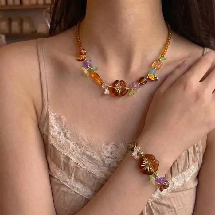 Collier Bohème Coloré à Fleurs Fait Main avec Perles pour Filles Accessoires de Bijoux Harajuku Occasions Spéciales