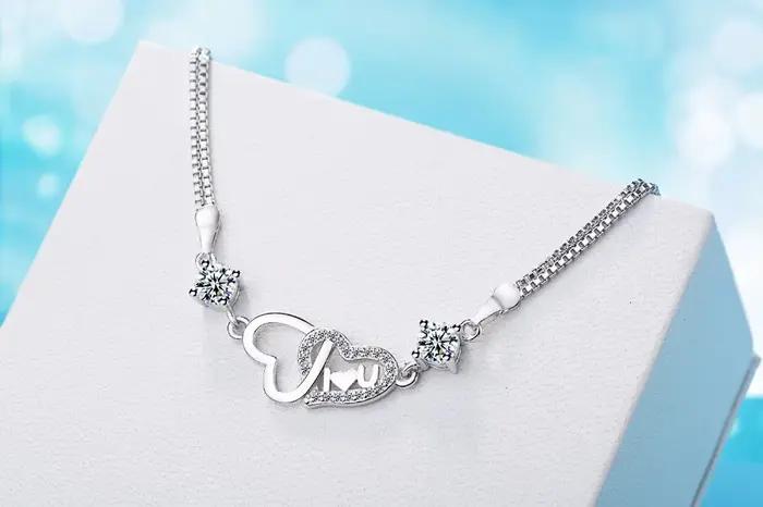925 argent Sterling amour éternel coeur zircone Double couche chaîne Bracelet pour les femmes Pulseira Feminina S-b47