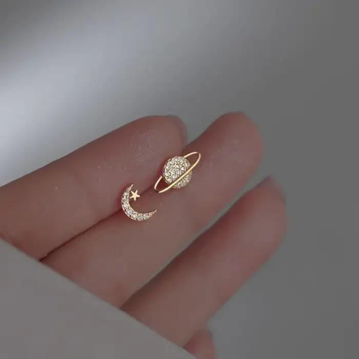 Boucles d'oreilles simples en Zircon pour femmes, étoile, lune, planète, couleur or/argent, pendenti