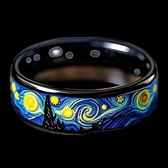 Bague noire à motif de nuit étoilée Unique pour hommes et femmes