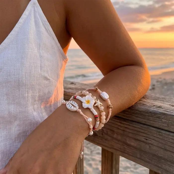 Ensemble de bracelets pour femmes avec perles Heishi en forme de fleur