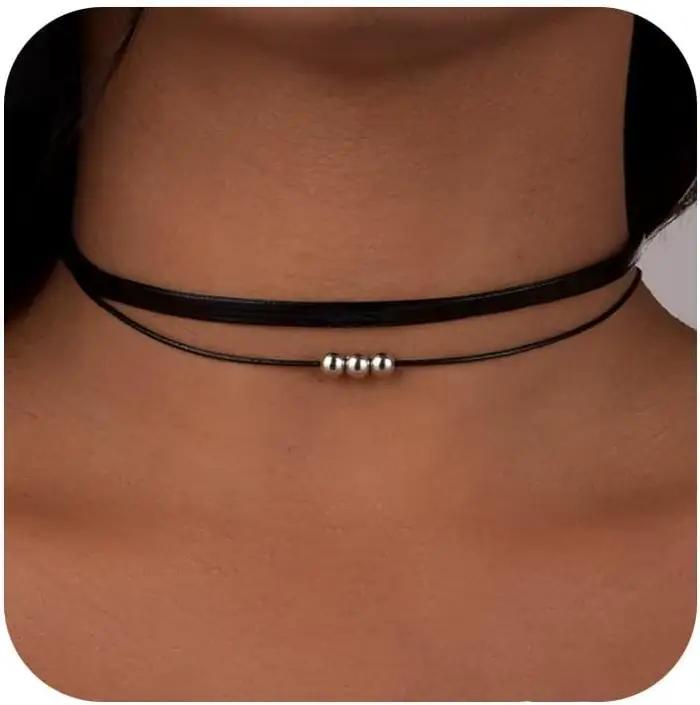 Colliers noirs pour femmes, colliers ras du cou réglables en velours et cuir et dentelle, cadeaux de