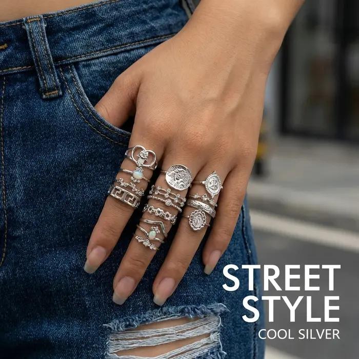 Ensemble de 15 bagues empilables vintage couleur argent pour femmes