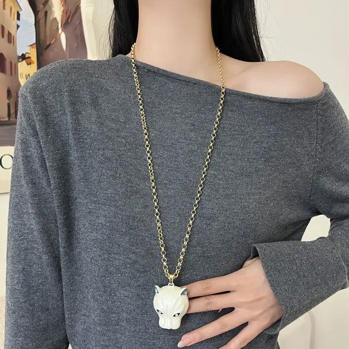 Collier chaîne de pull tête de panthère en émail pour femmes
