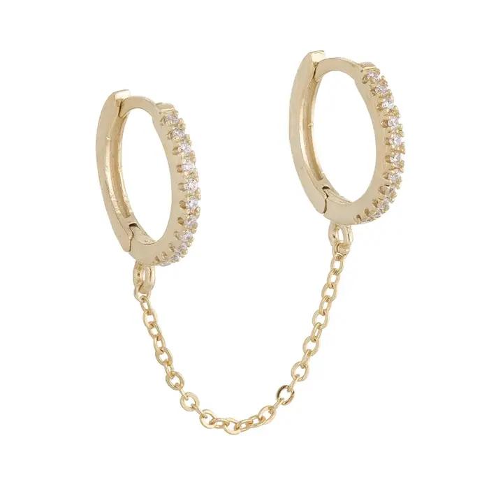 Boucles d'oreilles en argent Sterling 925 pour femmes, 1 pièce, Piercing à deux trous, cristal brillant, Zircon, 2 couleurs métalliques, chaîne, bijoux de fête