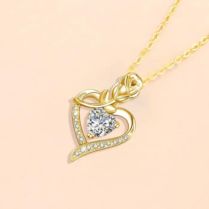 Collier en Moissonite Fleurs de Rose avec Pendentif Cœur et Certificat pour Occasions Spéciales Bijoux Luxe Fiançailles Mariage