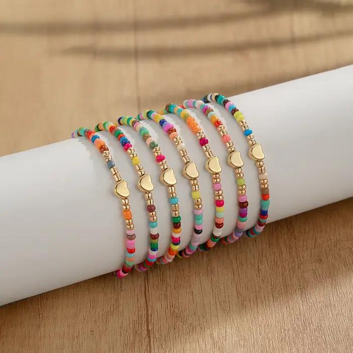 7 pièces bohême fait à la main aléatoire perles colorées Bracelets pour femme élastique