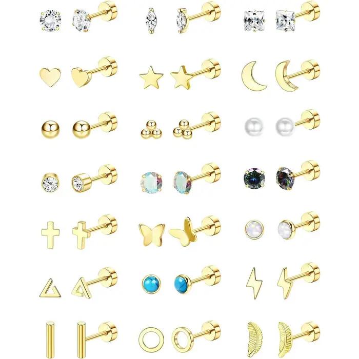 ORAZIO 21 paires de boucles d'oreilles en acier chirurgical, hypoallergéniques, à dos plat, petites puces d'oreilles pour oreilles sensibles et piercings de cartilage