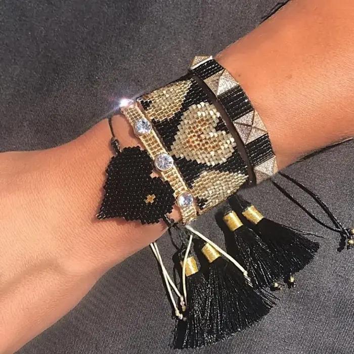 Bracelet de perles élégant à lacets avec motif de cœur mexicain, bijoux en strass faits à la main po