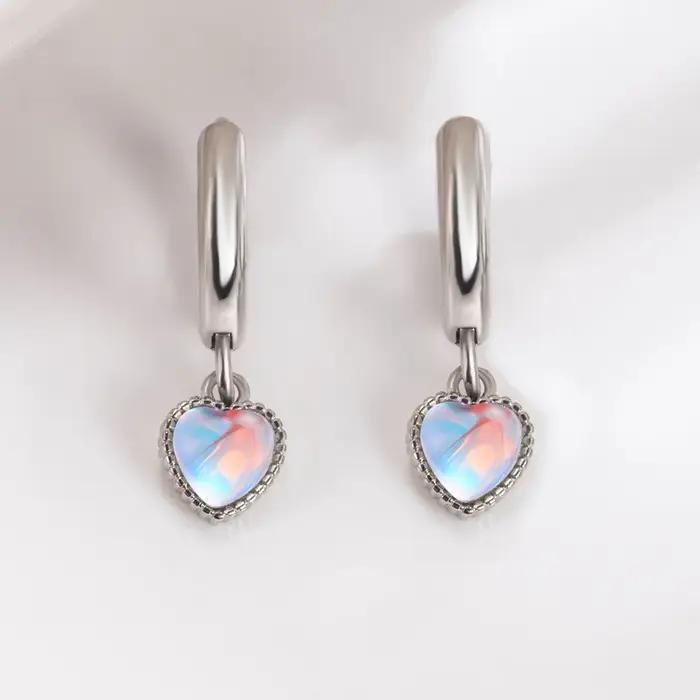 Boucles d'oreilles en argent sterling 925 avec pierre de lune blanche et cristal cœur pour femmes romantiques occasions engagement